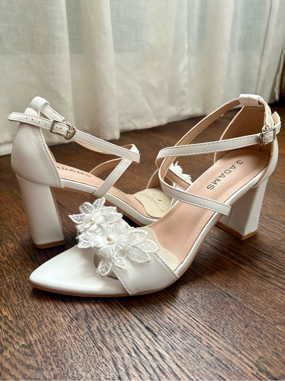 J Adams Anna White Floral Pearl Block Heel Sandals